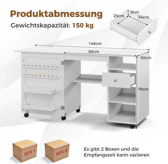 Costway Folding Sewing Cabinet & Desk Shelves Sewing Machine 146 x 50 x 78 cm White Jv11549wh+