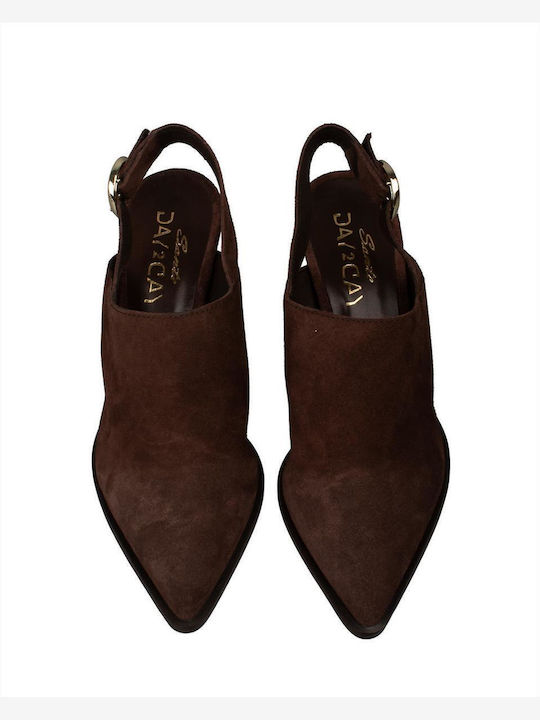 Leather Mules With High Heel In Brown Colour