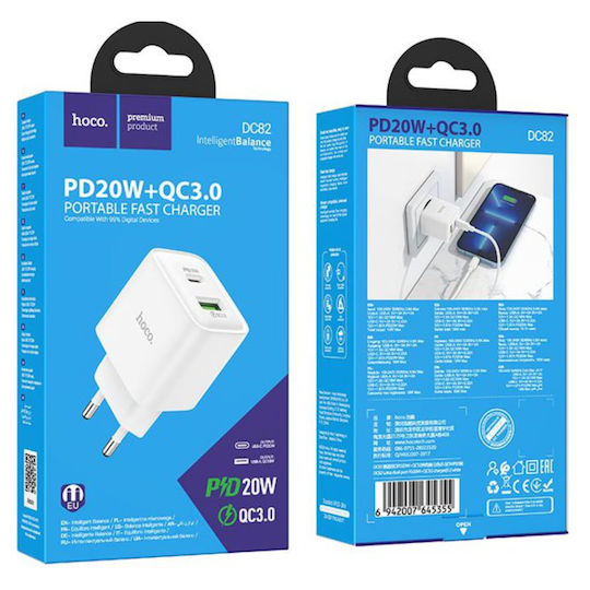 Hoco Hoco Kabelloser Handyladegerät mit USB-A und USB-C Ausgangsanschlüsse 20W Stromlieferung / Schnellladetechnologie 3.0 Weiß (DC82)