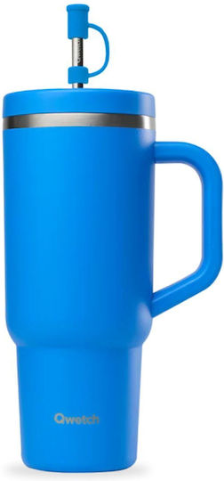 Qwetch Ποτήρι Θερμός Ανοξείδωτο / Πλαστικό 900ml Qwetch Μπλε με Καλαμάκι και Επιστόμιο