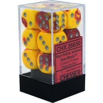 Chessex Gemini 16мм D6 Зарове Блокове 12 Червено-жълти Със Сребърни Точки