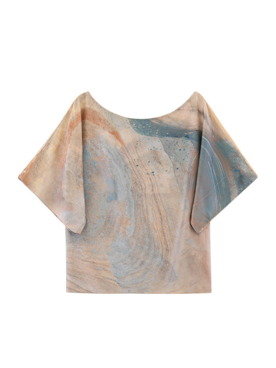 Γυναικείο Oversized T-shirt Καφε- Μπεζ- Μπλε