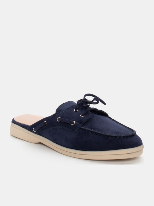 Flat Suede Mules σε Navy Μπλε Χρώμα