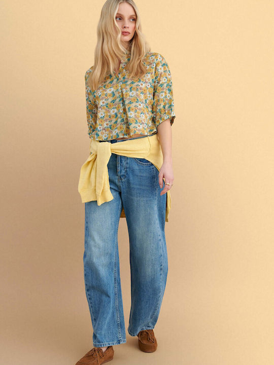 Long Sleeve Women's Shirt Yellow Floral