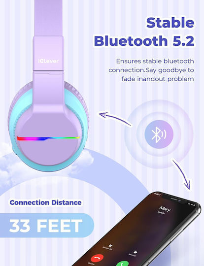 iClever BTH12 Căști Over Ear de Copii Wireless / cu Fir cu 85 de Ore Autonomie și Încărcare Rapidă Violet