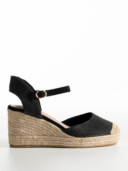 Damenplattformen Espadrilles Strohhäkelmuster Damen 2281 Schwarzes Synthetikleder