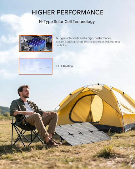 Panou Solar Pliabil 60W Etfe Qc3.0 + Pd45w + Ieșire Dc 22.2v Ip68 Rezistent la Apă Suport Reglabil Urgențe Camping Încărcător Solar pentru Smartphone-uri Tablete