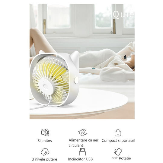 Mini Ventilator De Birou Usb Alista Home Rotire 360 De Grade 3 Viteze 13.5 X 12.8 Cm Alb