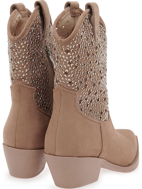 Suede Women's Ankle Boots Cowboy with Medium Heel Beige