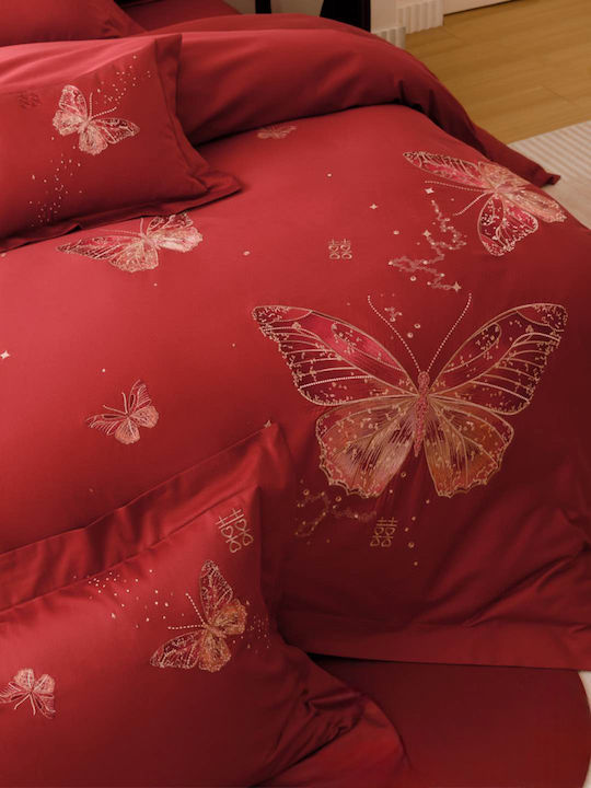 4 Seasons Collection Duvet Cover Set Double 220x240cm Embroidery 2 Pillowcases & 1 Bed Sheet Red