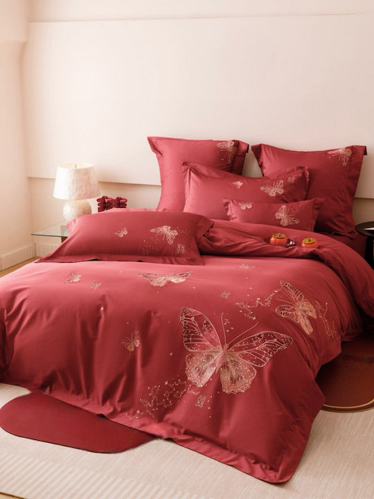 4 Seasons Collection Duvet Cover Set Double 220x240cm Embroidery 2 Pillowcases & 1 Bed Sheet Red