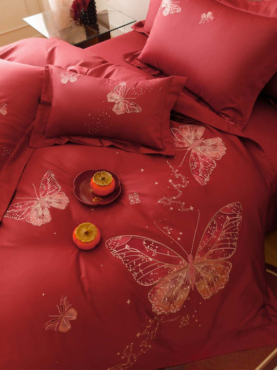4 Seasons Collection Duvet Cover Set Double 220x240cm Embroidery 2 Pillowcases & 1 Bed Sheet Red
