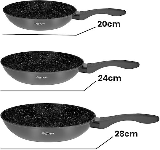 Cheffinger 3-piece Pan Set 20 24 28cm Marble Coated Silicone Handle Dark Grey