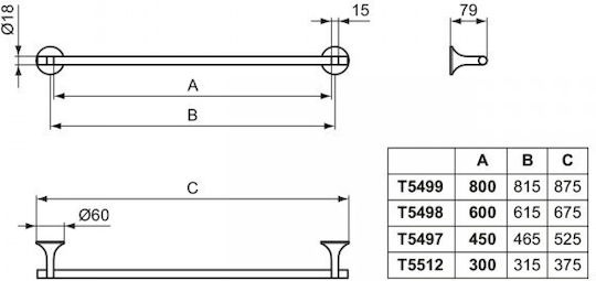 Ideal Standard Ράγα Μπάνιου Μονή Επιτοίχια με Βίδες Ασημί