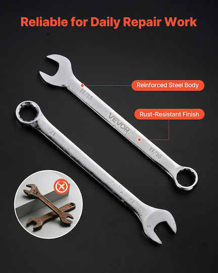 Vevor Set of 44 Combination Wrenches Sae & Metric 12-Point 15° End Hanging Case Zxbstzlmgds4f7eel001v0