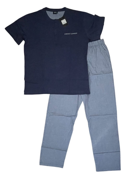 Enrico Coveri Sommer Herrenpyjama Kariert Blau