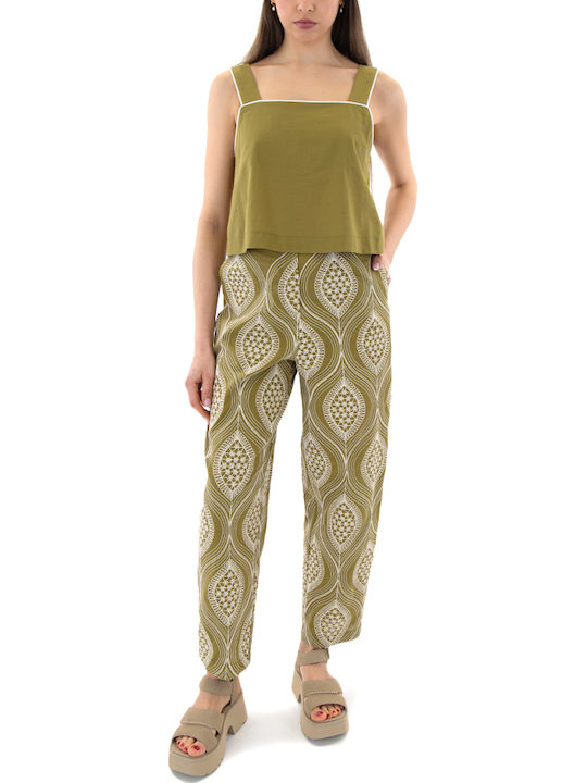 Women's Crop Top Cotton Sleeveless with Zipper Ecru-Green