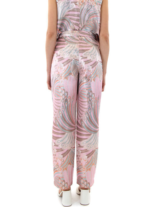 Women's High Rise Fabric Trousers Green Pink Gold