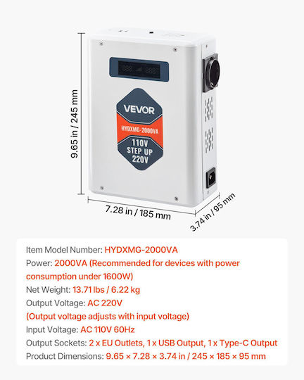 Vevor DXDYZHQSY220W0SFC001V7 Voltage Converter DC/DC 110V to 110V