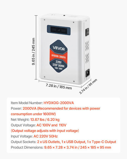 Vevor DXDYZHQJY110IDWO5001V7 Voltage Converter DC/DC 220V to 220V