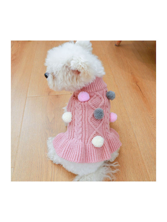 Dog Sweater Dress Pink Pom Pom Back Length 23 25 Cm