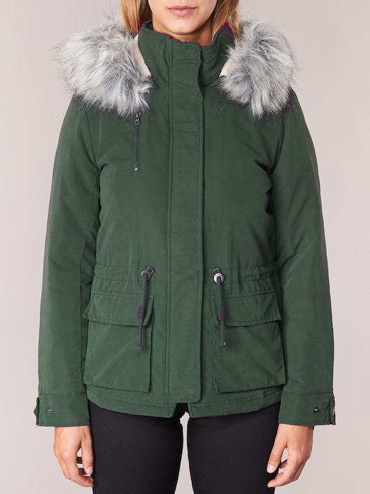 Women's for Hiking Short Parka Jacket for Winter with Detachable Hood Khaki