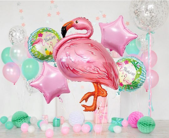 Set of 5 Round Flamingo Foil Balloons Pink Flamingo 45cm
