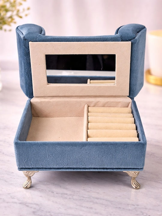 Velve Cutie Pentru Bijuterii Din Catifea Cu Oglindă Albastră 20x16cm