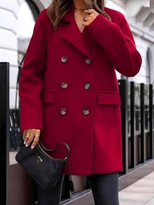 Palton De Lână Dama Burgundy Supradimensionat Cu Detalii Din Blană