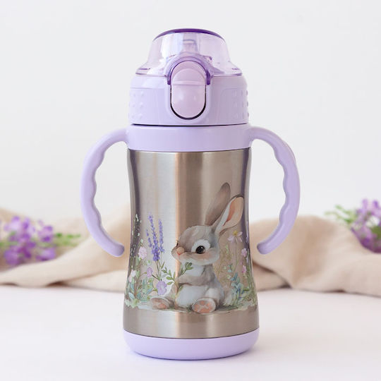 Kiokids Kids Water Bottle Thermos Stainless Steel with Straw Lilac 280ml