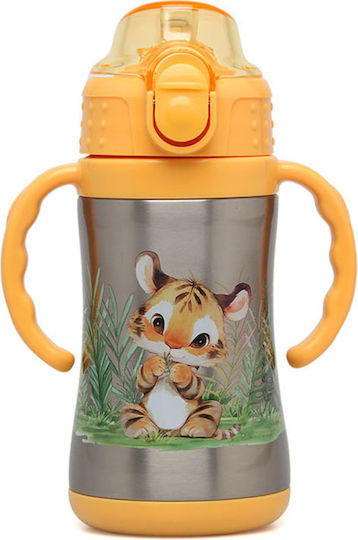 Kiokids Lion Cub Kids Water Bottle Thermos Stainless Steel with Straw Yellow 280ml