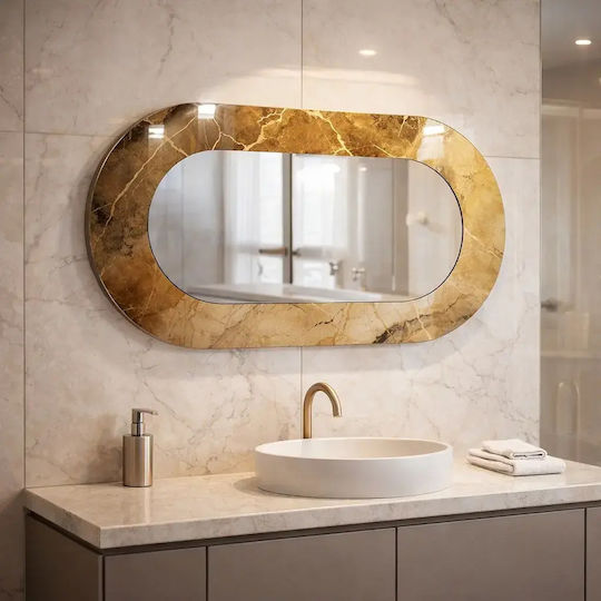 Oglindă Ovală Cu Cadru Din Sticlă Cu Aspect Marmorat Auriu 55x99cm