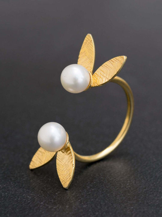 Handmade Gold Plated Silver 925 Ring with White Pearls Size 48