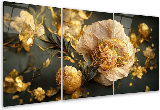 Dreifach Glas Gemälde Set Mit Blumen Anthrazit Und Goldene Details (50x70cm)