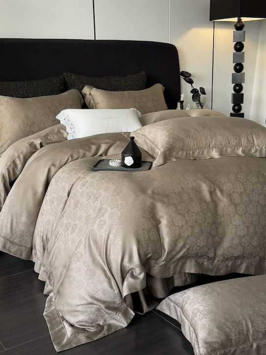 Σετ Παπλωματοθήκη Υπέρδιπλη 220x240cm 100% Lyocell Ζακάρ 2 Μαξιλαροθήκες & 1 Σεντόνι Καφέ