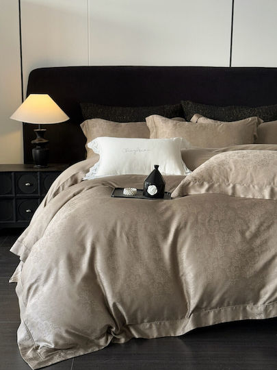 Σετ Παπλωματοθήκη Υπέρδιπλη 220x240cm 100% Lyocell Ζακάρ 2 Μαξιλαροθήκες & 1 Σεντόνι Καφέ