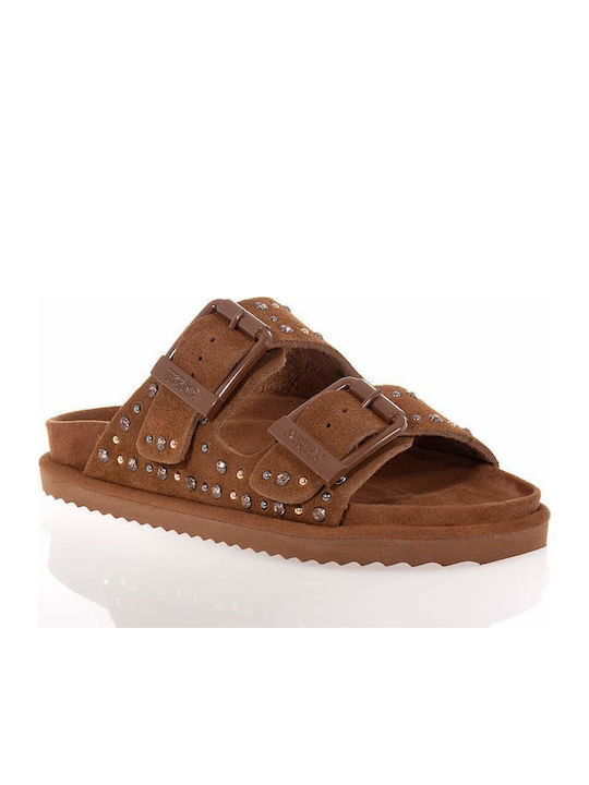 Leather Women's Flat Sandals Tabac Brown