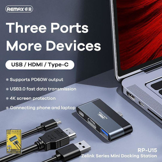Remax RP-U15 USB-C Docking Station mit HDMI 4K PD Ethernet Schwarz