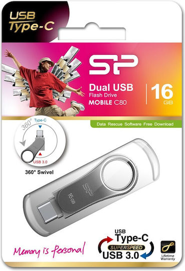 Silicon Power Mobile C80 16GB USB 3.1 Stick με σύνδεση USB-A & USB-C Ασημί