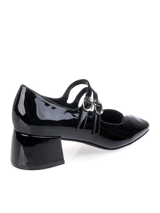 Heels in Patent Leather with Strap & Low Heel Black