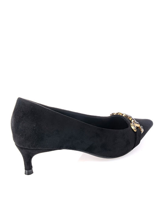 Suede Pointed Toe Heels with Thin Low Heel Black