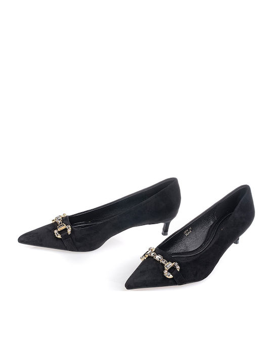 Suede Pointed Toe Heels with Thin Low Heel Black