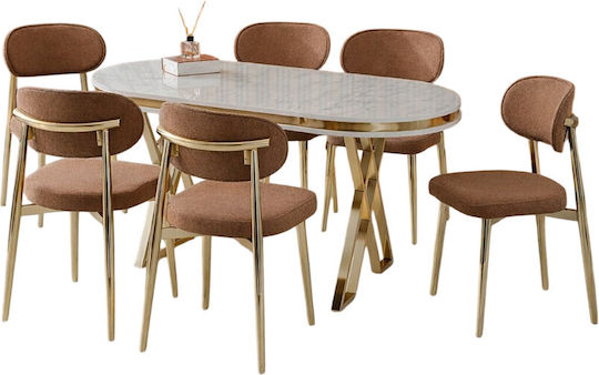 Set Trapezării Olso Cafeniu Cu Picioare Aurii-marmură Cu Model Alb 170x90x75cm