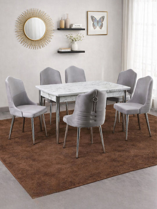 Orhideea Set 6 Persoane Marmură Alb Argintiu - Alb/Gri 132x80x75cm