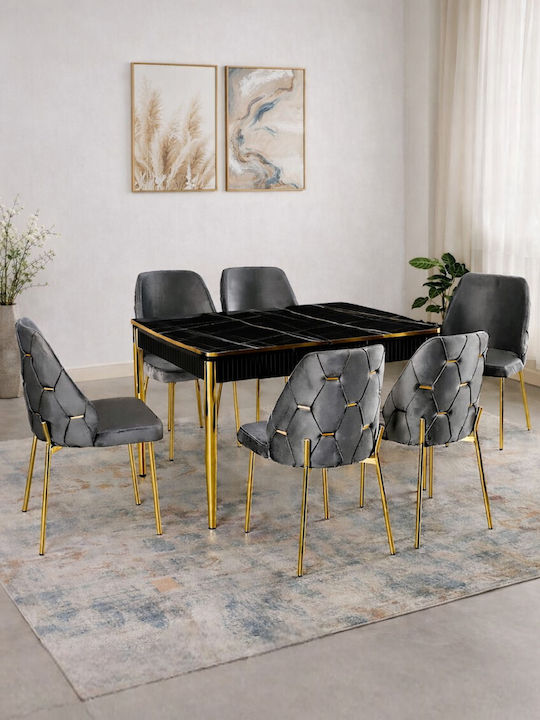 SteweHome Esszimmermöbel-Set Für 6 Personen Kelebek MDF Schwarz 132x80x75cm