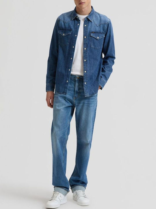Western Long Sleeve Denim Shirt in Regular Fit Denimblue