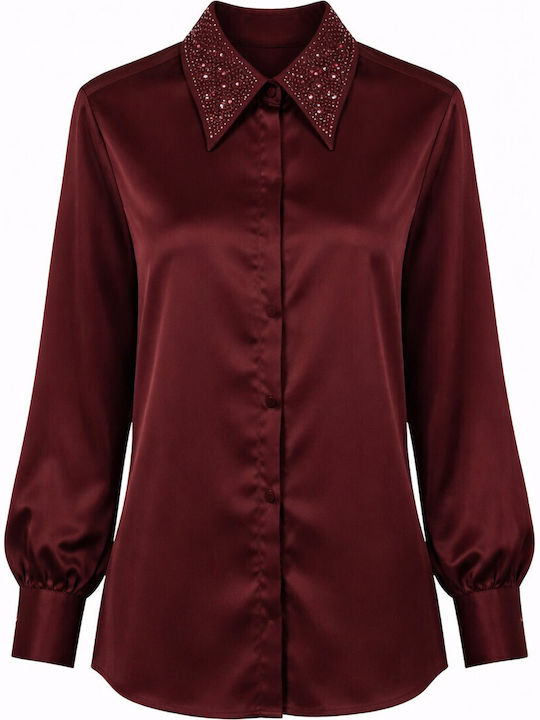 Long Sleeve Women's Satin Shirt Maroon