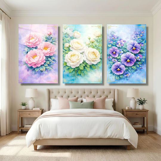 Set Triplu Panouri Din Sticlă Cu Flori Multicolore (60x90cm)
