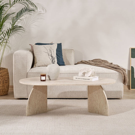 Oval Central Coffee Table Melina Made of Solid Wood Travertine Beige W120xL60xH40cm