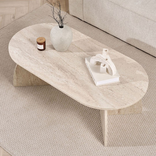 Oval Central Coffee Table Melina Made of Solid Wood Travertine Beige W120xL60xH40cm